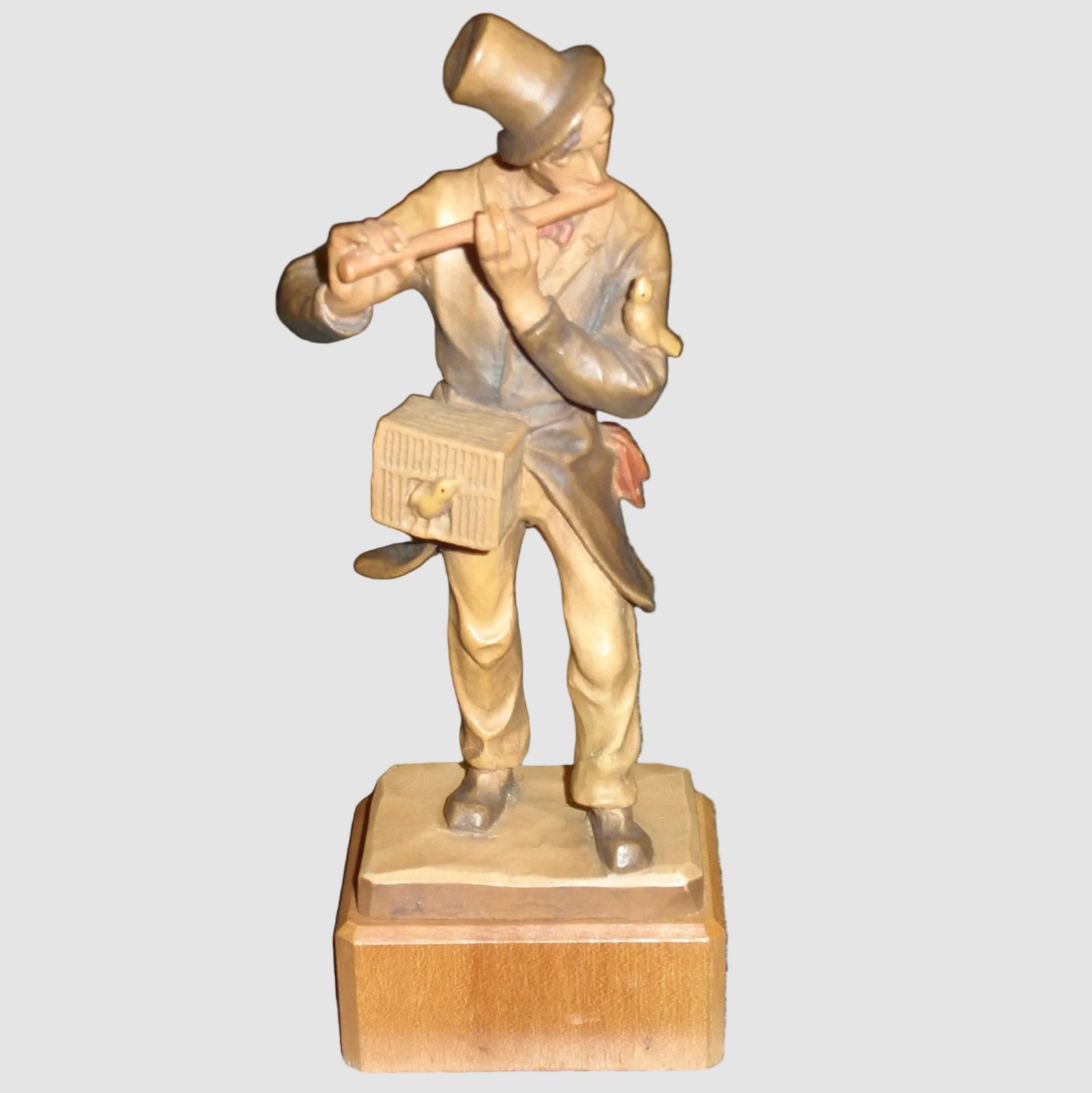 ANRI Man Flutist Woodcarving Figurine 52220/13 Hand Carved Italy Wooden Musician Flute Birds Granny Chic Vintage