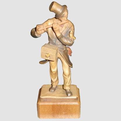 ANRI Man Flutist Woodcarving Figurine 52220/13 Hand Carved Italy Wooden Musician Flute Birds Granny Chic Vintage