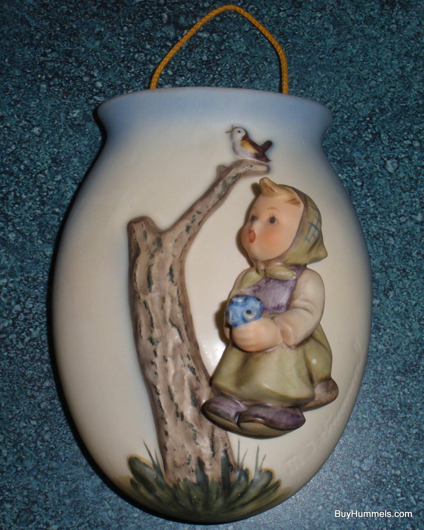 Goebel Hummel Girl in Tree Wall Vase 360/C Girl in Green Dress Holding Blue Flowers with Bird Figurine Gerhard Skrobek