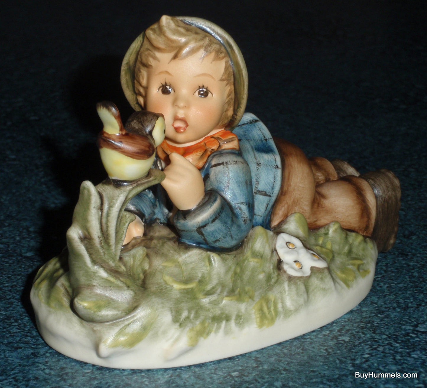 "Lazybones" Goebel Hummel Figurine #612/2/0 - Little Boy Laying In Meadow With Song Bird!