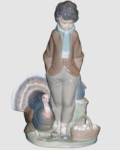Retired Lladro Figurine #1276 Boy With Turkey and Basket of Eggs - 10 Inches Tall - Juan Huerta Master Sculptor - Mint Condition Glossy Porcelain