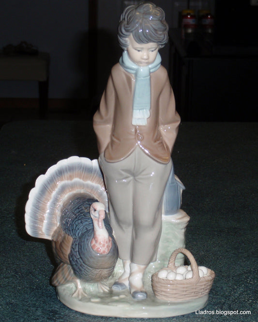 Retired Lladro Figurine #1276 Boy With Turkey and Basket of Eggs - 10 Inches Tall - Juan Huerta Master Sculptor - Mint Condition Glossy Porcelain