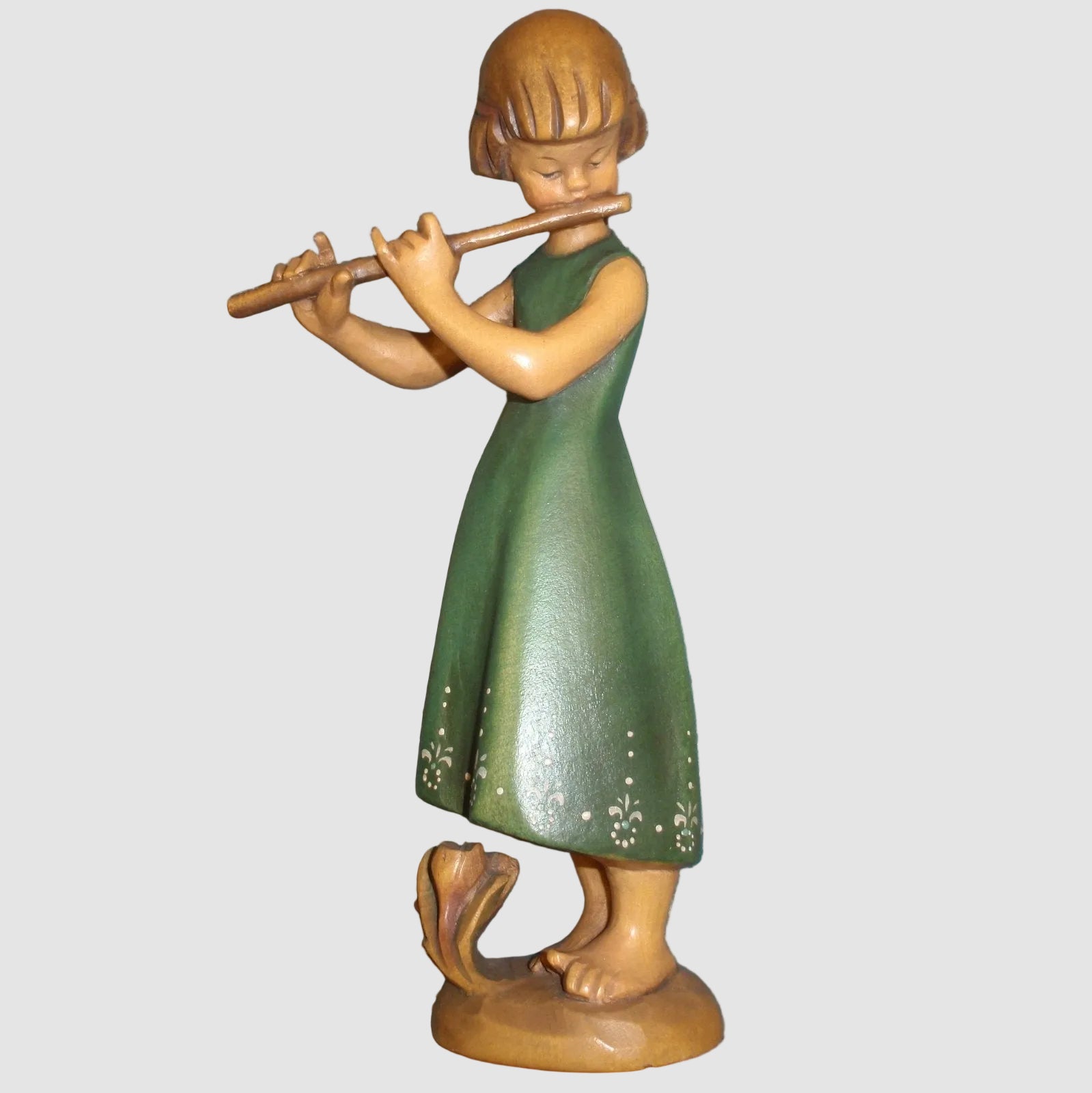 ANRI Girl Flutist Woodcarving Figurine Siegfried Hafner Hand Carved Italy Wooden Girl Playing Flute Green Dress Vintage