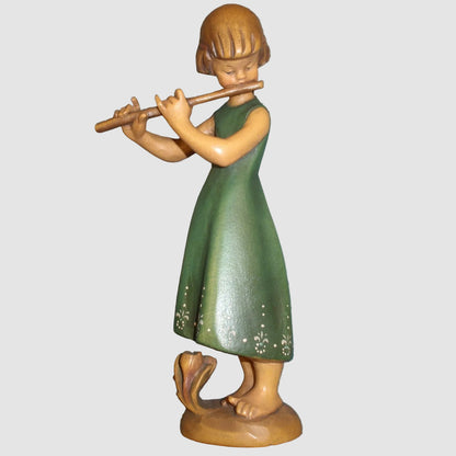 ANRI Girl Flutist Woodcarving Figurine Siegfried Hafner Hand Carved Italy Wooden Girl Playing Flute Green Dress Vintage