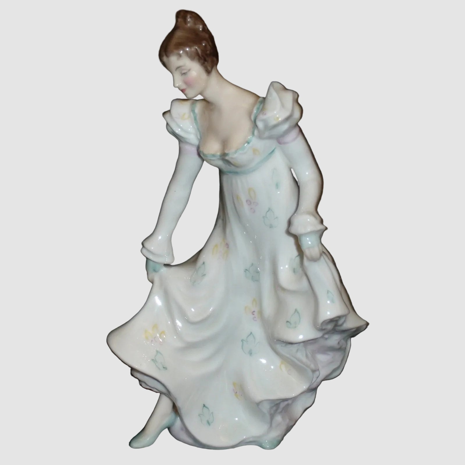 Royal Doulton Minuet Figurine HN 2019 Peggy Davies Pretty Ladies Collection Woman Dancing White Dress Pastel Flowers Vintage England Porcelain Bone China