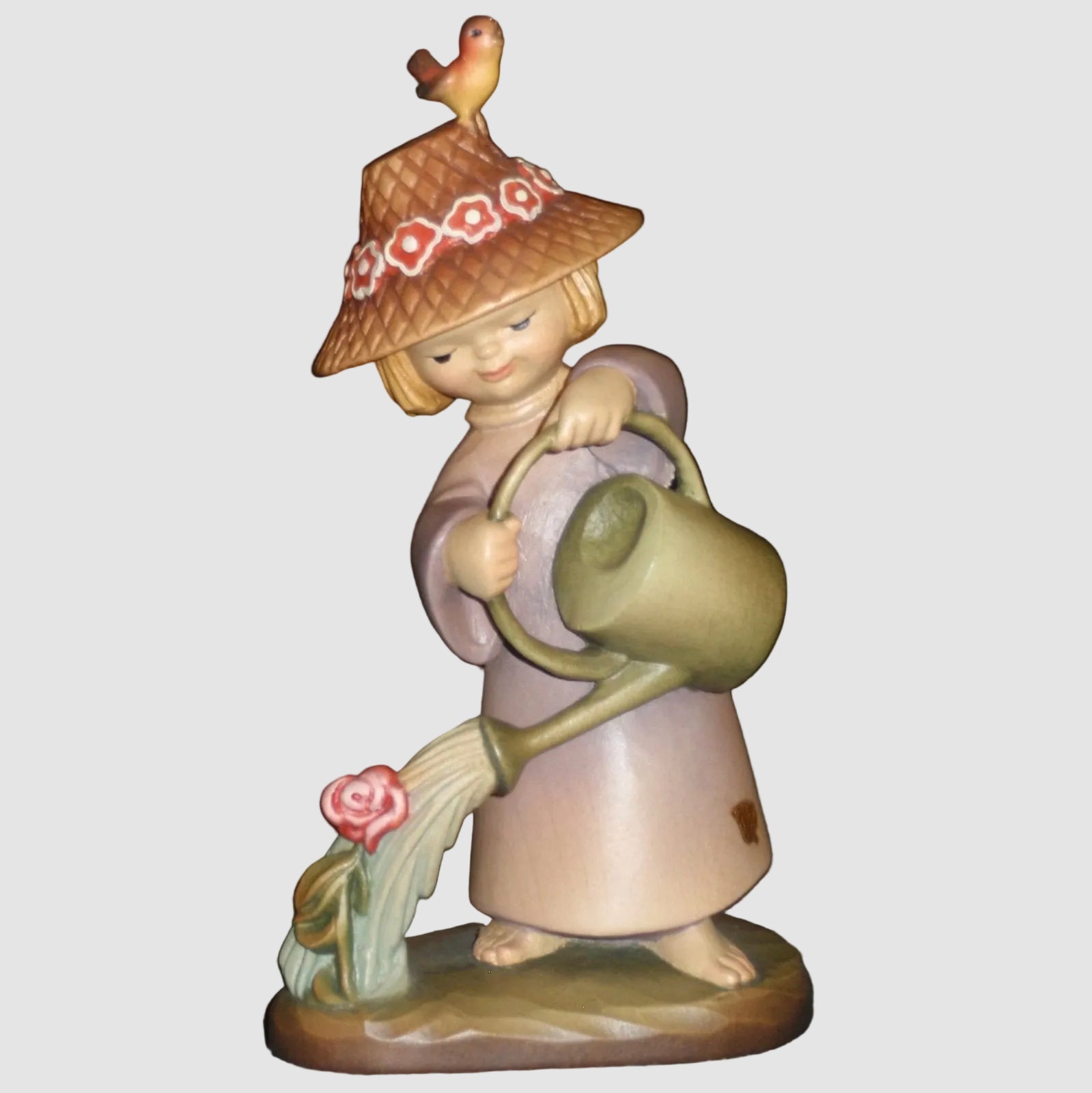 ANRI The Gardener Woodcarving Figurine Artist Proof Juan Ferrandiz Ulrich Bernardi Signed Gold Leaf Hand Carved Italy Wooden Girl Watering Can Vintage
