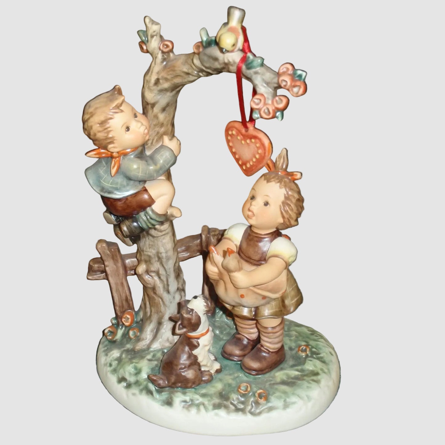Goebel Hummel Here's My Heart Figurine 766 Helmut Fischer Century Collection Boy Climbing Tree Girl Dog Bird Valentine Love TMK-7 Vintage Germany Porcelain