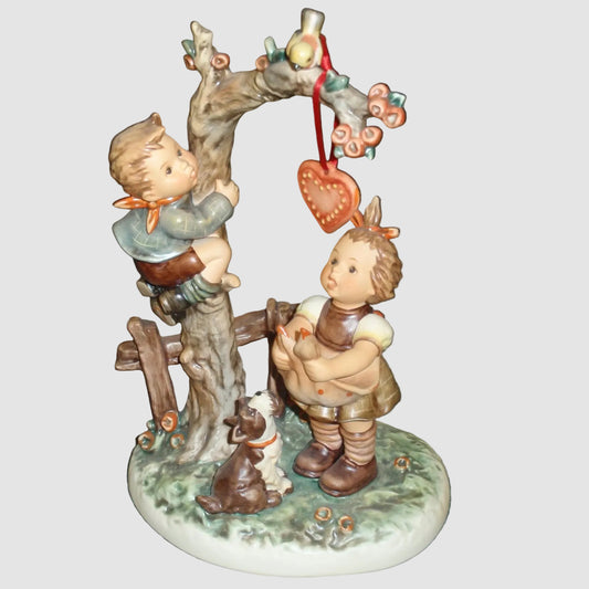 Goebel Hummel Here's My Heart Figurine 766 Helmut Fischer Century Collection Boy Climbing Tree Girl Dog Bird Valentine Love TMK-7 Vintage Germany Porcelain