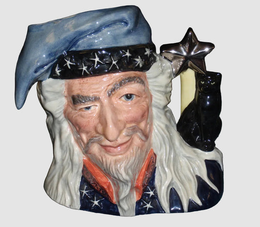 Royal Doulton The Wizard Character Toby Jug D6862 Black Cat Magic Wand Handle Large Vintage England