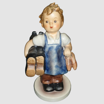 Goebel Hummel Boots Figurine 143/I Arthur Moeller Schuhmacher Shoemaker Boy Cobbler Blue Apron Shoes Vintage Germany Porcelain