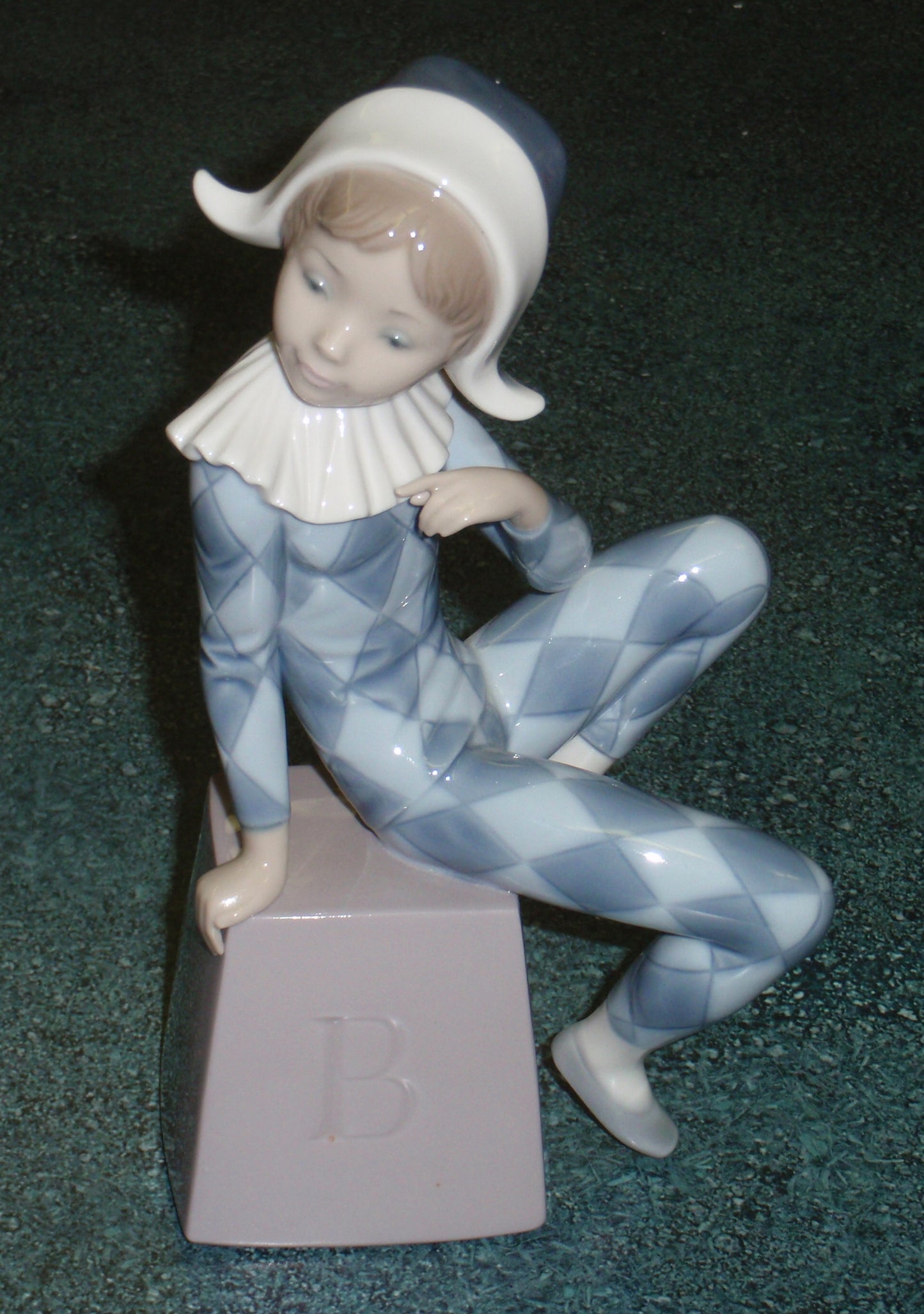 Lladro 5076 "Harlequin B" Figurine - Boy in Blue Clown Suit on Block (8")