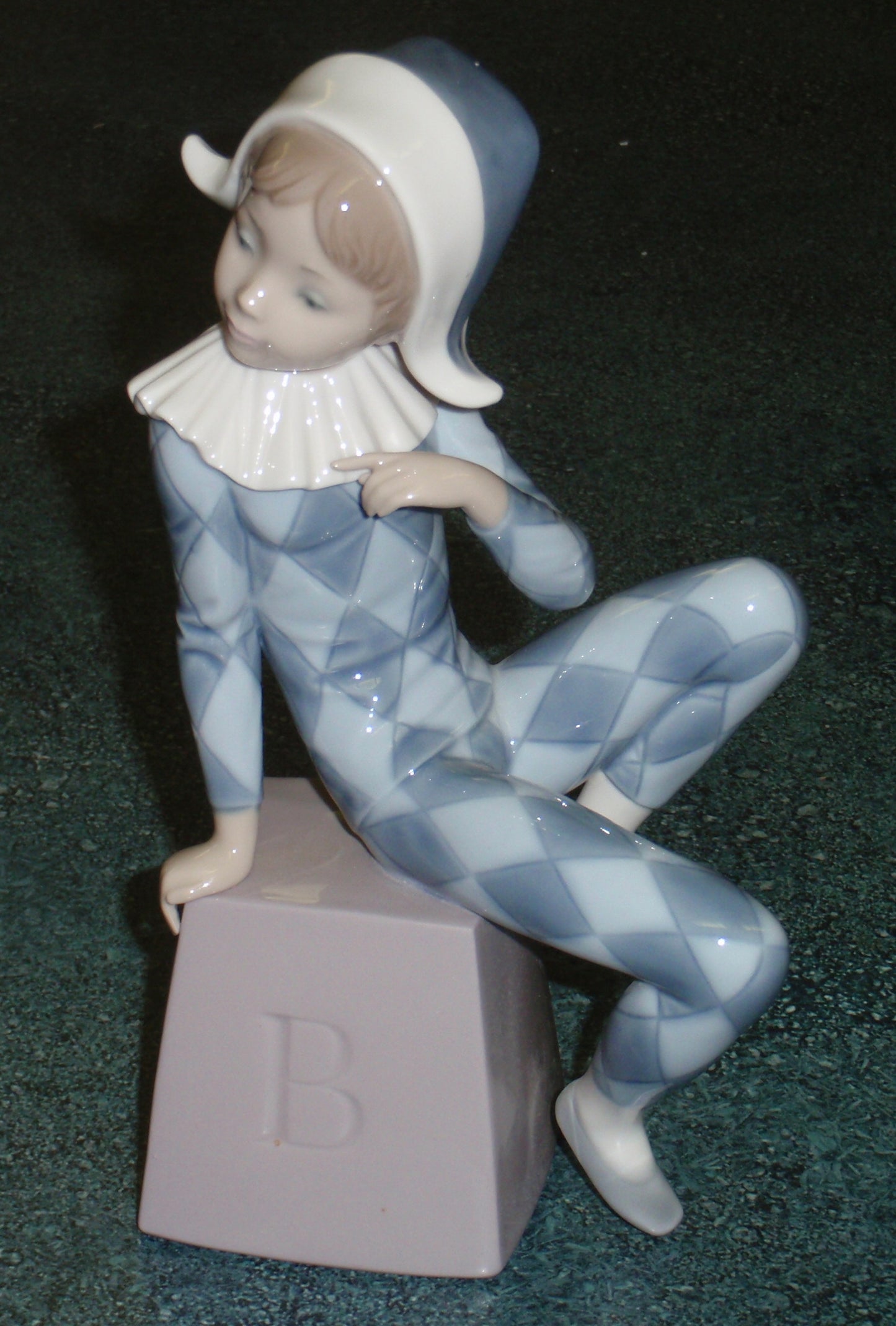 Lladro 5076 "Harlequin B" Figurine - Boy in Blue Clown Suit on Block (8")