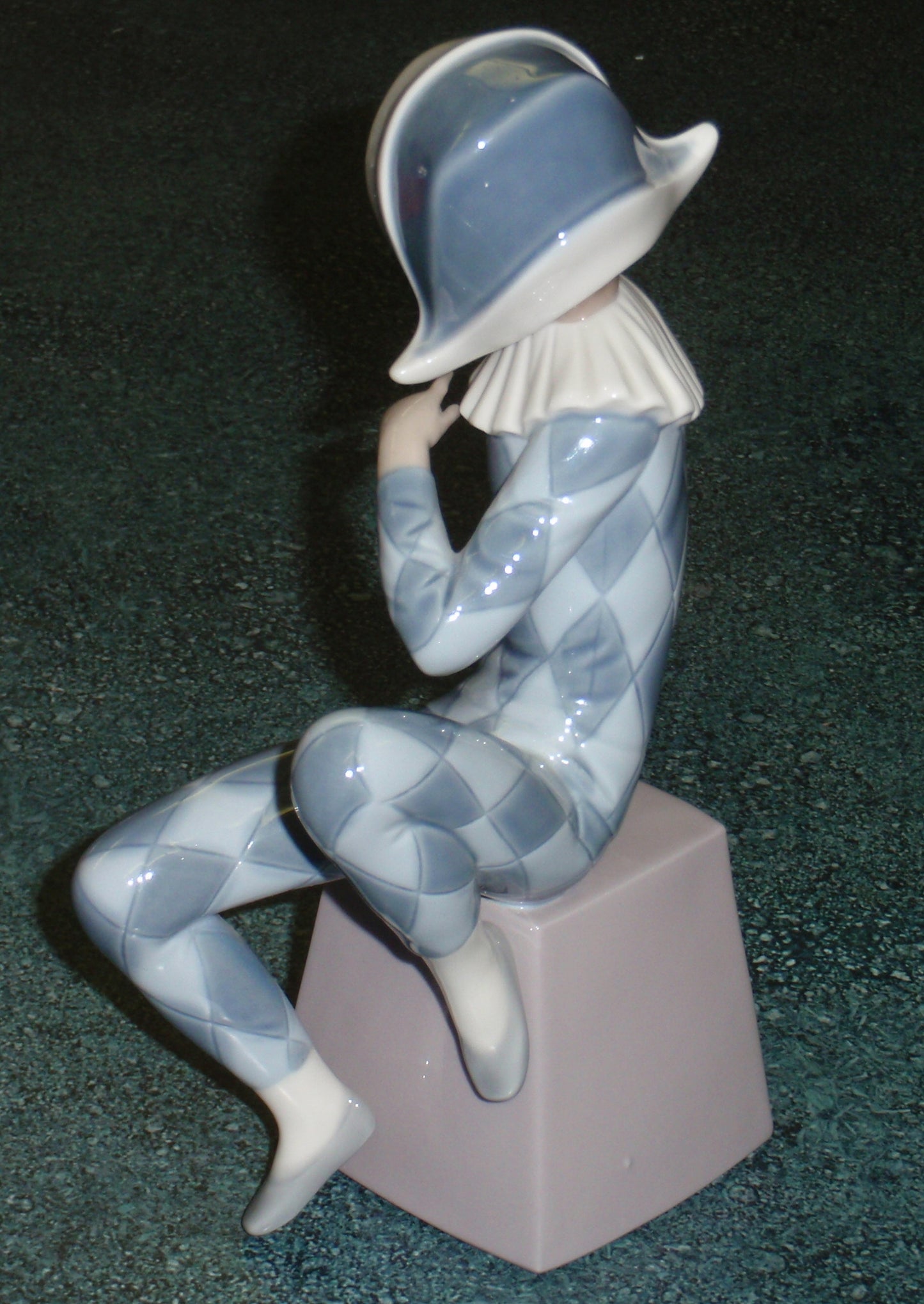 Lladro 5076 "Harlequin B" Figurine - Boy in Blue Clown Suit on Block (8")