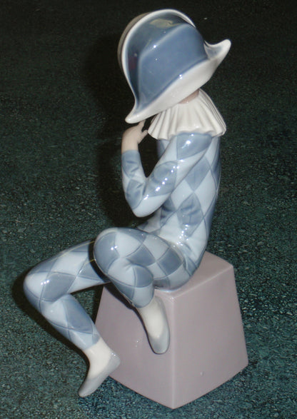 Lladro 5076 "Harlequin B" Figurine - Boy in Blue Clown Suit on Block (8")