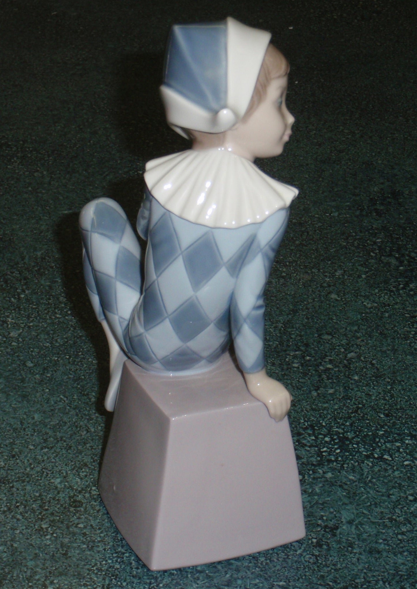 Lladro 5076 "Harlequin B" Figurine - Boy in Blue Clown Suit on Block (8")