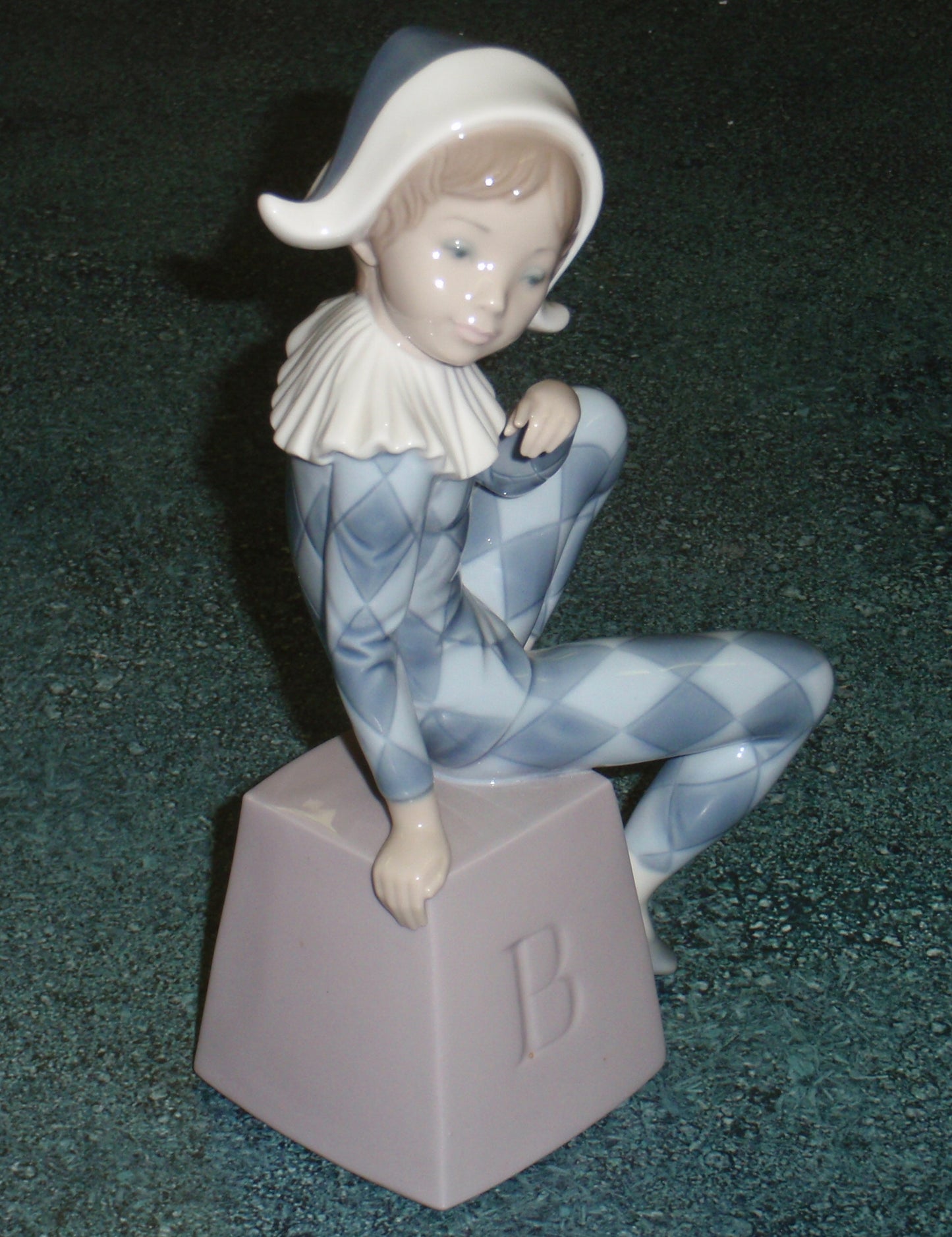 Lladro 5076 "Harlequin B" Figurine - Boy in Blue Clown Suit on Block (8")