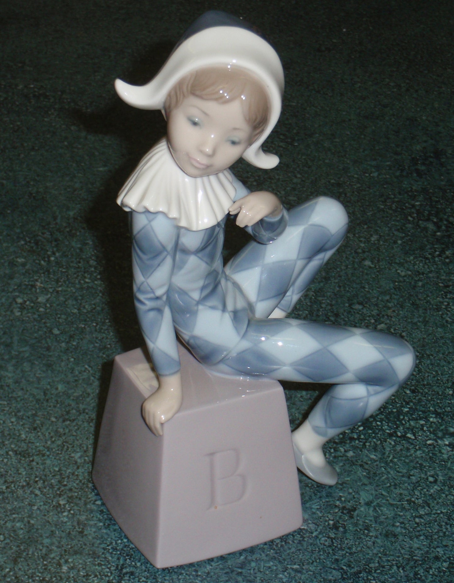 Lladro 5076 "Harlequin B" Figurine - Boy in Blue Clown Suit on Block (8")