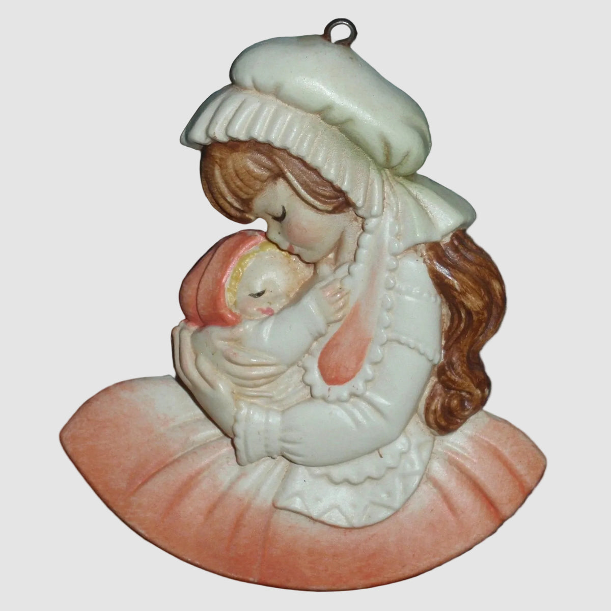 ANRI Ferrandiz Baby's First Christmas Ornament 1982 Pink Dress Mother Child Vintage Italy Wood Carving Perfect Pairs