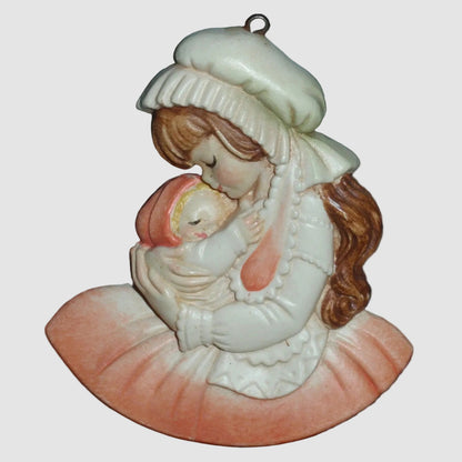 ANRI Ferrandiz Baby's First Christmas Ornament 1982 Pink Dress Mother Child Vintage Italy Wood Carving Perfect Pairs
