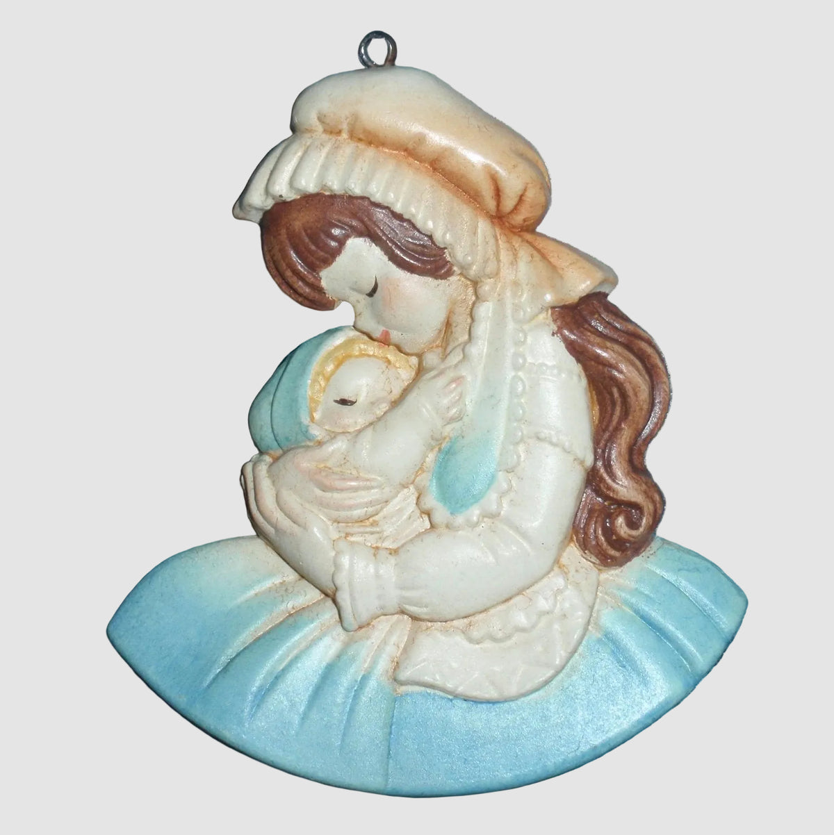 ANRI Ferrandiz Baby's First Christmas Ornament 1982 Blue Dress Mother Child Vintage Italy Wood Carving Perfect Pairs