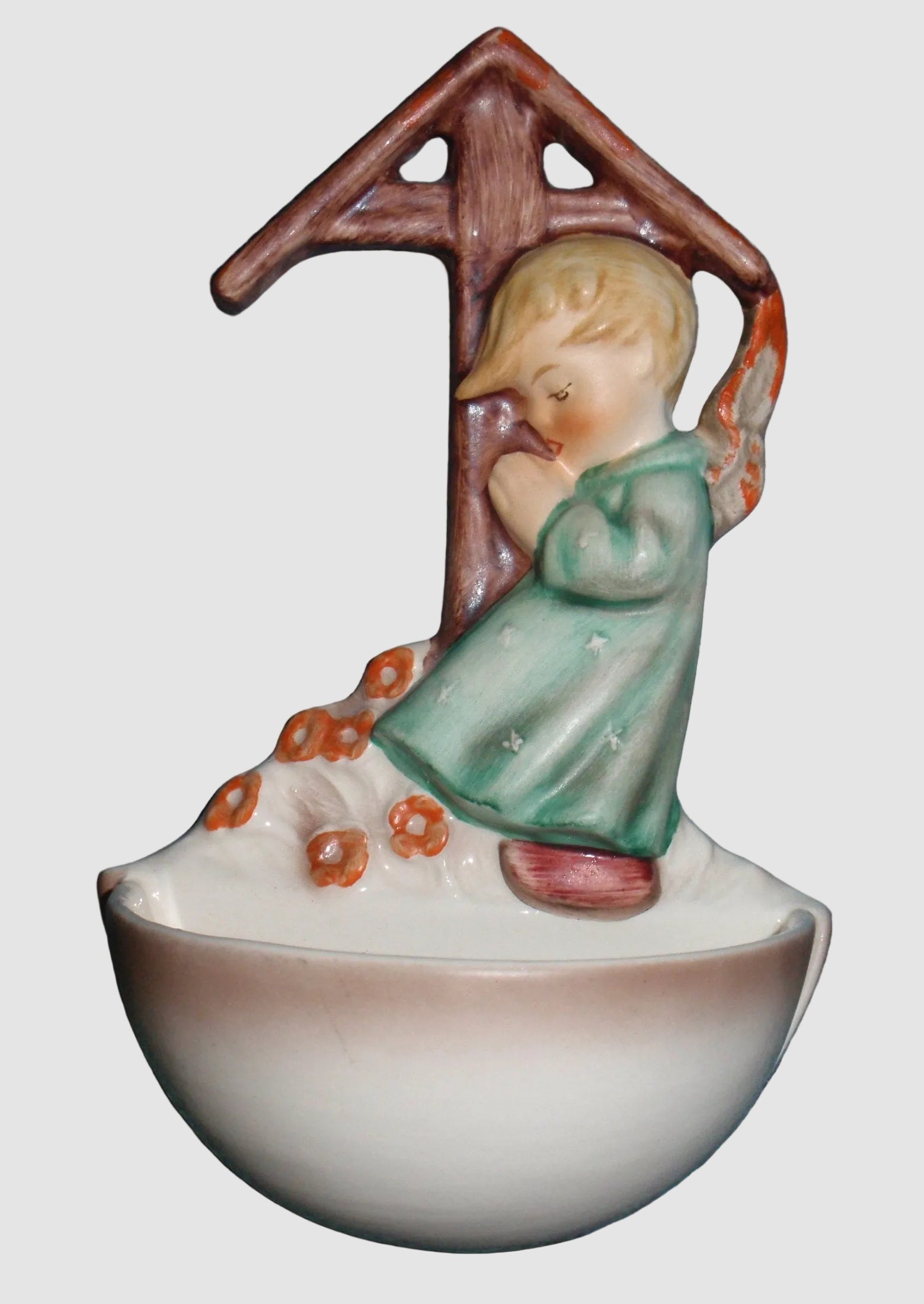 Goebel Hummel Angel Shrine Holy Water Font 147 Praying Angel Wooden Arch Green Dress Flowers Vintage Germany Porcelain