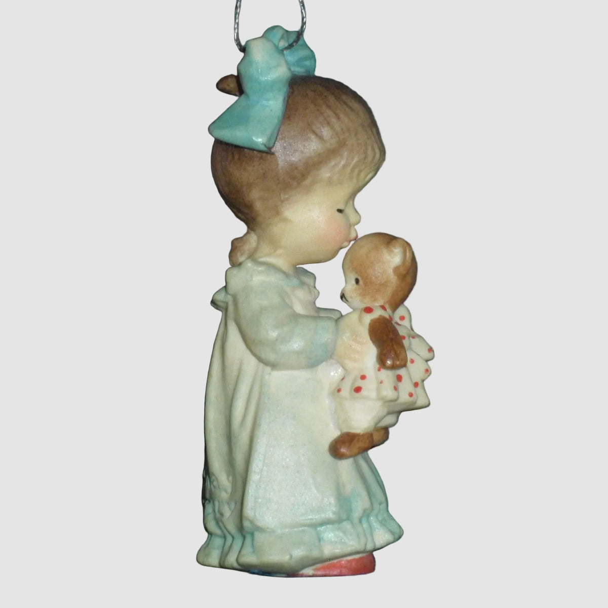 Anri Toriart Wake-Up Kiss Christmas Ornament 16201/C Sarah Kay Girl Holding Teddy Bear Original Box Wood Carved Style Vintage Italy