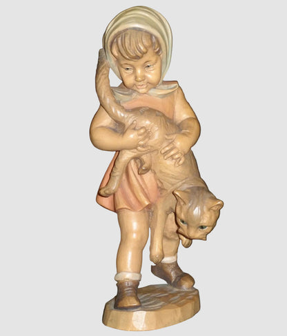"Girl With Cat" Anri Woodcarving #689-077 Signed Ulrich Bernardi (10")