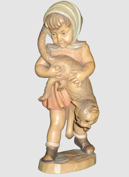 "Girl With Cat" Anri Woodcarving #689-077 Signed Ulrich Bernardi (10")