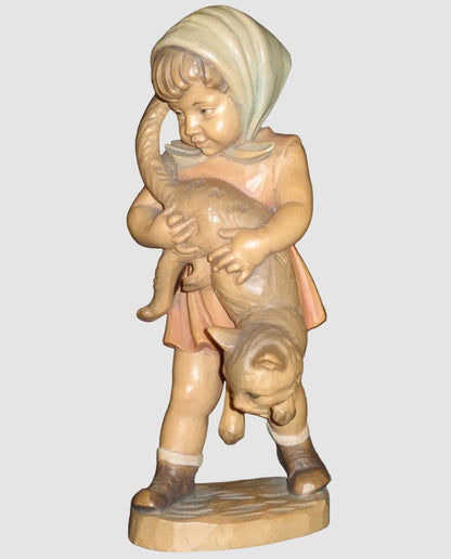 "Girl With Cat" Anri Woodcarving #689-077 Signed Ulrich Bernardi (10")