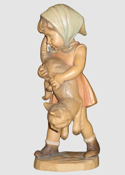 "Girl With Cat" Anri Woodcarving #689-077 Signed Ulrich Bernardi (10")