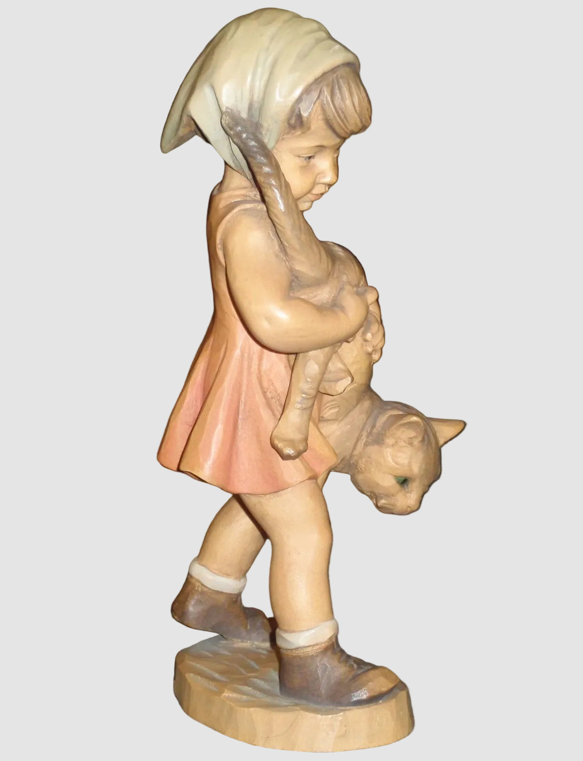 "Girl With Cat" Anri Woodcarving #689-077 Signed Ulrich Bernardi (10")