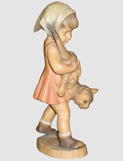 "Girl With Cat" Anri Woodcarving #689-077 Signed Ulrich Bernardi (10")