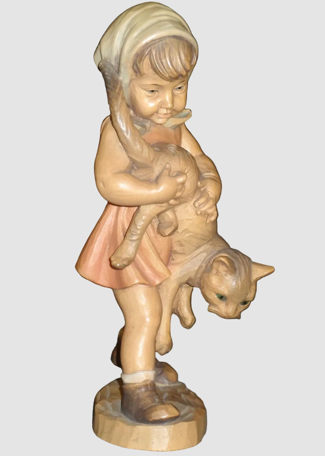 "Girl With Cat" Anri Woodcarving #689-077 Signed Ulrich Bernardi (10")
