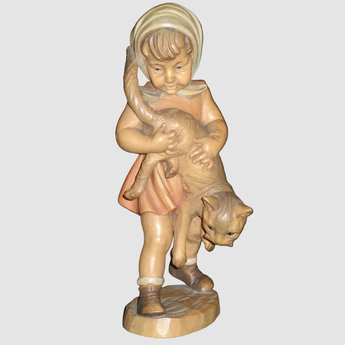 "Girl With Cat" Anri Woodcarving #689-077 Signed Ulrich Bernardi (10")