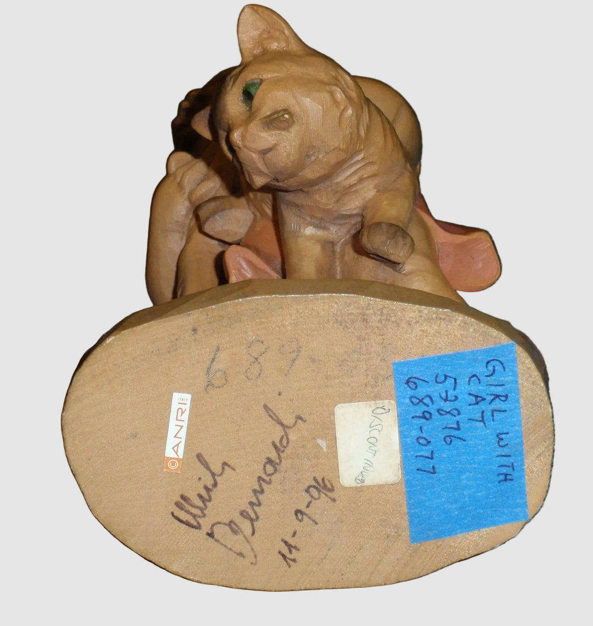 "Girl With Cat" Anri Woodcarving #689-077 Signed Ulrich Bernardi (10")