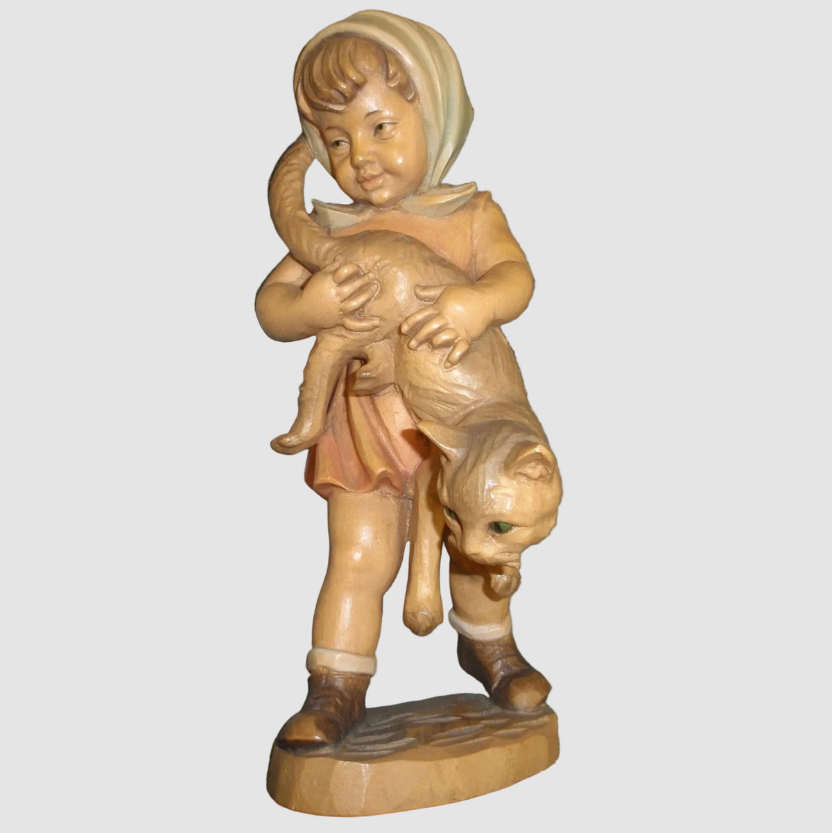 Anri Girl With Cat Woodcarving 689 077 Signed Ulrich Bernardi Hand Carved Wood Figure Large Vintage Italy