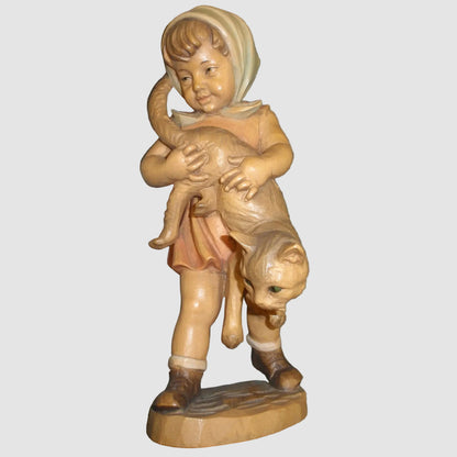 Anri Girl With Cat Woodcarving 689 077 Signed Ulrich Bernardi Hand Carved Wood Figure Large Vintage Italy