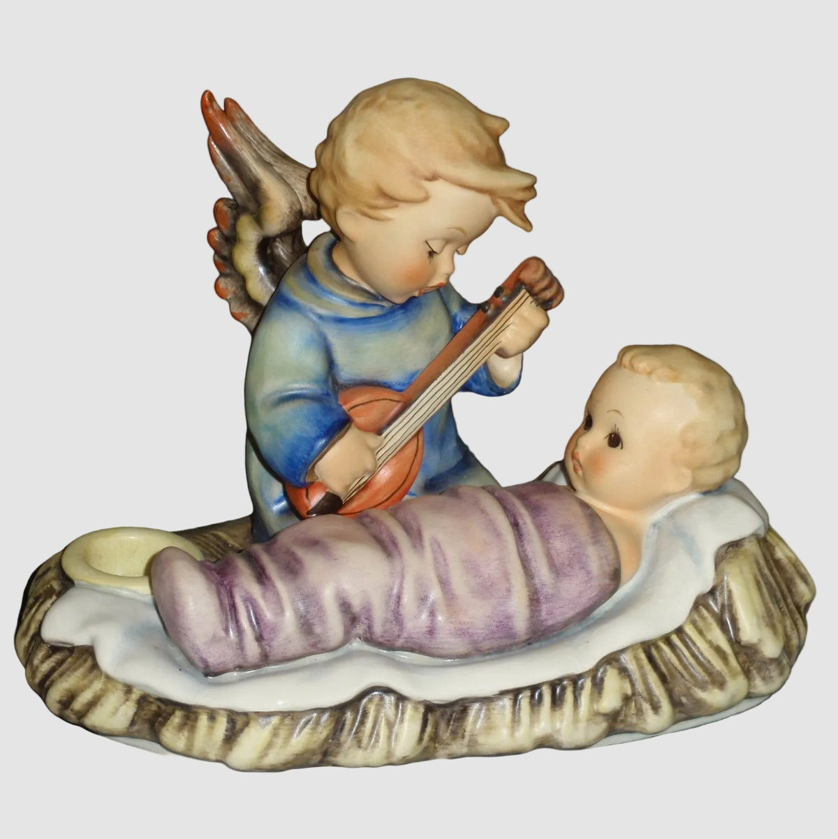 Goebel Hummel Lullaby Figurine Candleholder 24 III Reinhold Unger Angel Playing Lute Mandolin Baby Jesus Manger Large Vintage Germany Porcelain