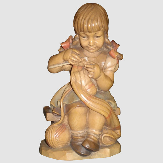Anri Girl Knitting Woodcarving 689 079 Signed Ulrich Bernardi Hand Carved Wood Figure Large Vintage Italy