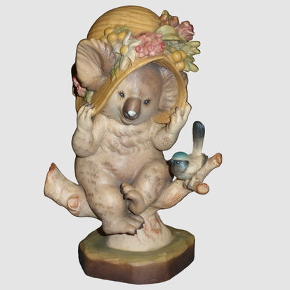 Anri Sarah Kay A Little Bird Told Me Koala Figurine 653601 Blue Bird Straw Hat Flowers Hand Carved Wood Italy Limited Edition Vintage