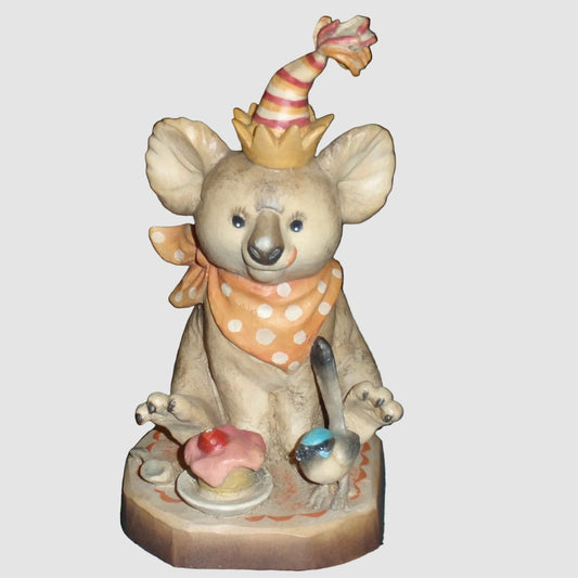 Anri Sarah Kay Party Time Koala Bear Figurine 653605 Blue Bird Cupcake Party Hat Hand Carved Wood Italy Limited Edition Vintage