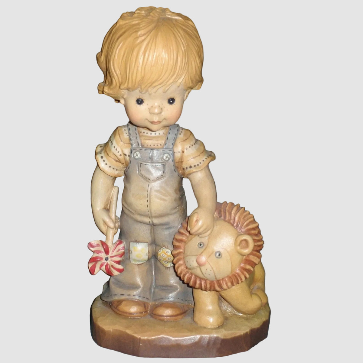 Anri Sarah Kay Tag Along Wood Carving 653031 Boy With Lion Pinwheel Hand Carved Wood Italy Limited Edition Vintage