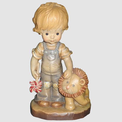 Anri Sarah Kay Tag Along Wood Carving 653031 Boy With Lion Pinwheel Hand Carved Wood Italy Limited Edition Vintage