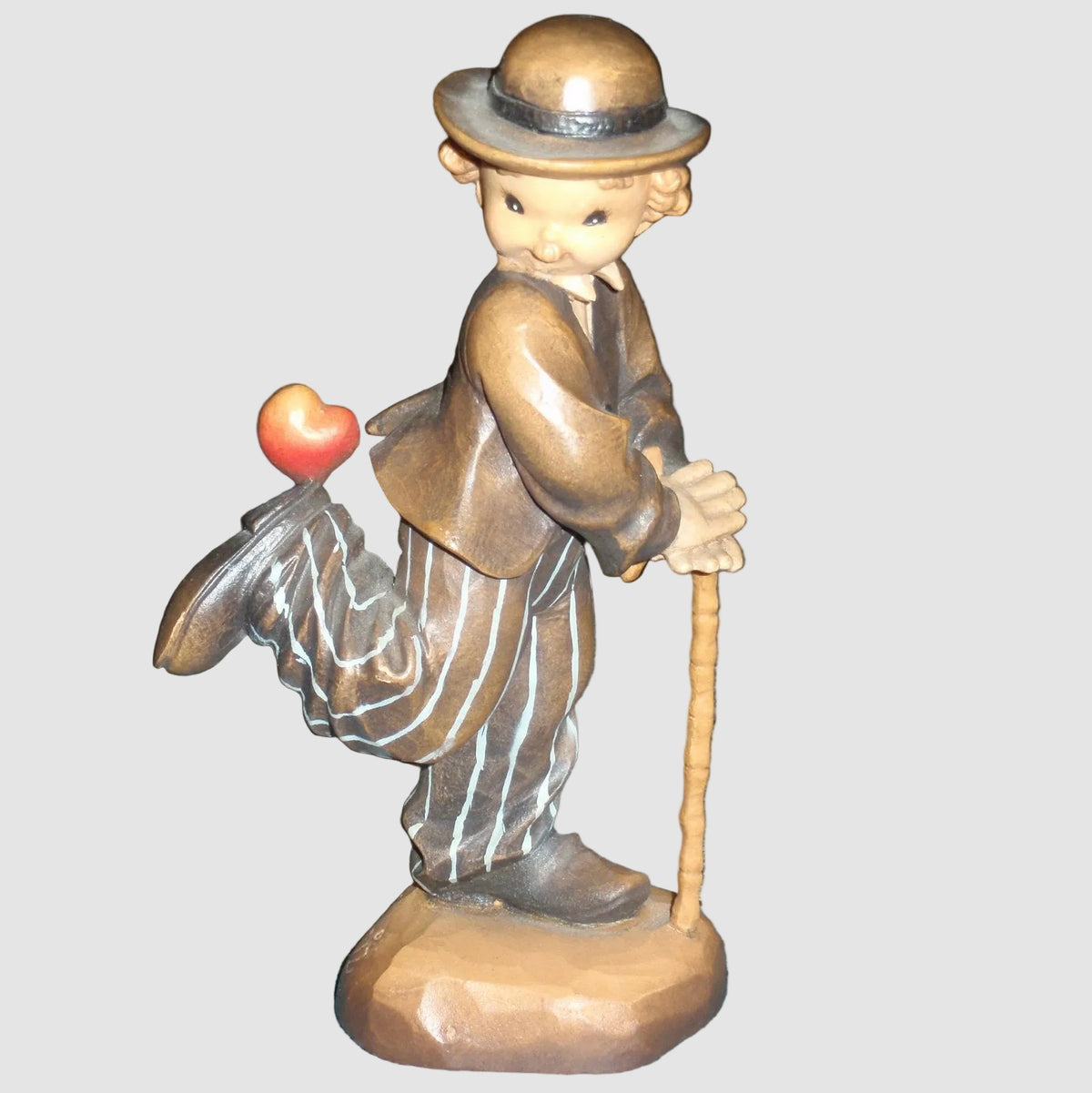 Anri Juan Ferrandiz Stepping Out Charlie Chaplin Wood Carved Figurine Bowler Hat Cane Heart Italy Vintage Hand Painted