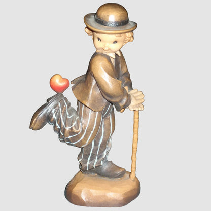 Anri Juan Ferrandiz Stepping Out Charlie Chaplin Wood Carved Figurine Bowler Hat Cane Heart Italy Vintage Hand Painted