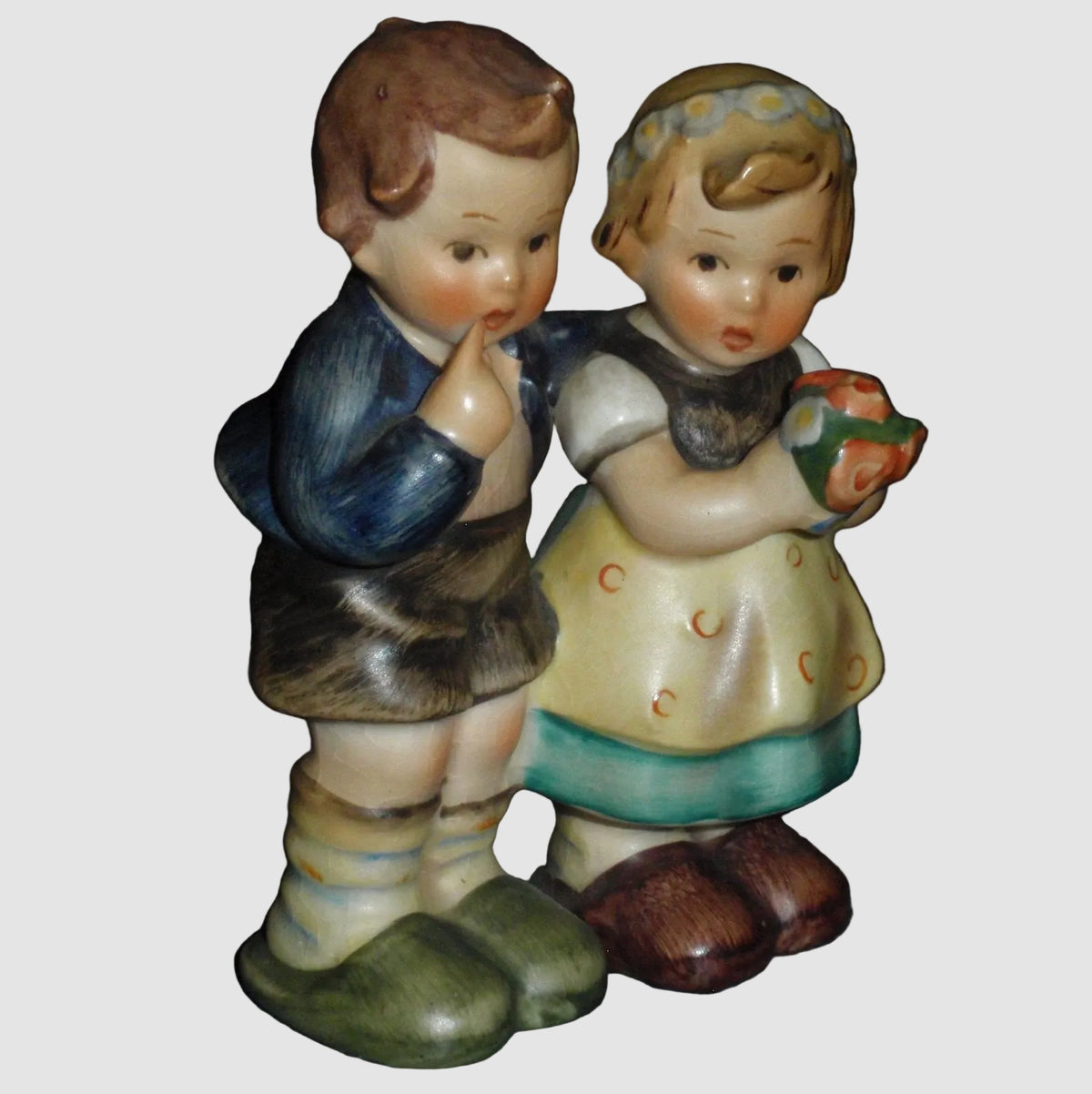 Goebel Hummel We Congratulate Figurine 214 E Nativity Boy Girl Flowers Reinhold Unger Vintage Germany Porcelain Matte Finish