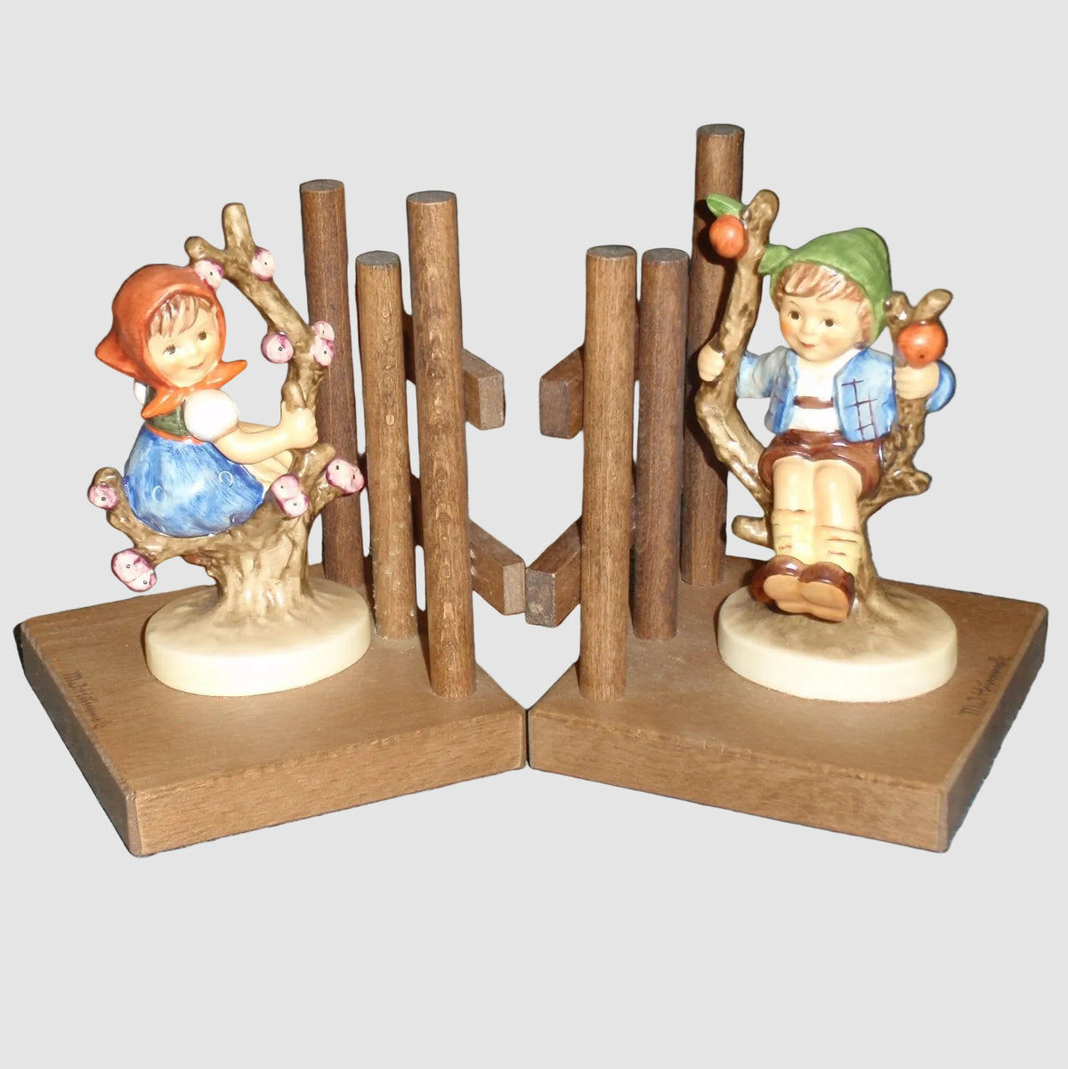 Goebel Hummel Apple Tree Girl Apple Tree Boy Bookends 252 A 252 B Wood Mounts Vintage Germany Porcelain Matte Finish