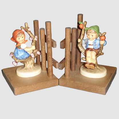 Goebel Hummel Apple Tree Girl Apple Tree Boy Bookends 252 A 252 B Wood Mounts Vintage Germany Porcelain Matte Finish