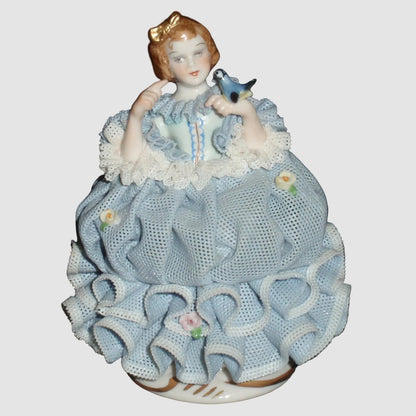Irish Dresden Porcelain Lace Figurine Little Bluebird Blue Dress Lady Woman Holding Bird Fine Ceramic Vintage Hand Made