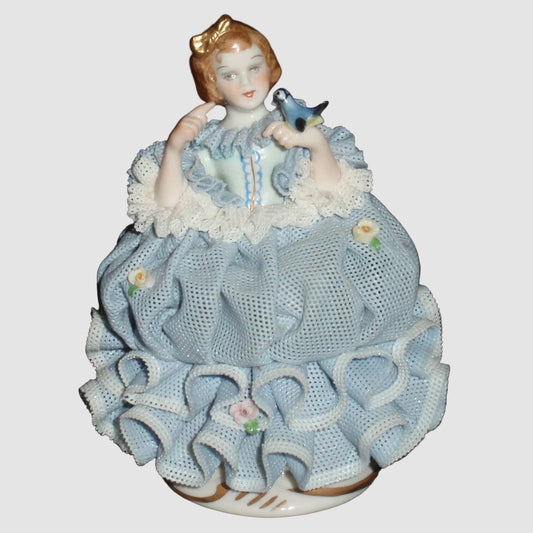 Irish Dresden Porcelain Lace Figurine Little Bluebird Blue Dress Lady Woman Holding Bird Fine Ceramic Vintage Hand Made